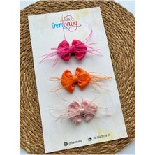 İrembaby 3'lü Set Bebek - Çocuk Saçsız Bebek Tokası Seti Turuncu - Fuşya - Pudra Fiyonklu Tüylü Toka Set