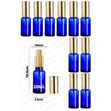 Feyza Design 20ML Mavi Cam Sprey Şişe, Altın Renkli Full Metal Kapak, 10'lu Paket