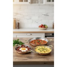 Teberrik Dükkan 3'lü El Dövmesi Bakır Tava Seti - Kahvaltılık Yumurta ve Mıhlama Seti