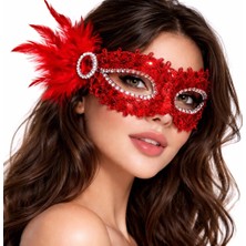Savarga Kırmızı Taşlı Venedik Parti Maskesi – Tüylü Payetli
