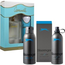 Slazenger Mavi Erkek Parfüm 125ML ve Deo 150ML Seti + Carminella Kadın Parfüm Seti 100 ml Edt + 150 ml Deo