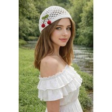Happy Handmade Kirazlı Kroşe Şapka/beyaz Şapka/beyaz Bere/mesh Hat/plaj Şapkası/hediyelik