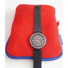 Özgürce Mavi-Kırmızı Makyaj Çantası ve Hasır Kordonlu Kol Saati Seti