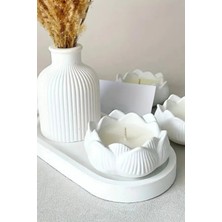 Bernami Mevlüt Pinterest 3’lü Set Dekoratif Tealight Lotus Çiçeği Mumluk + Dekoratif Çizgili Vazo+ Dekoratif Tabak