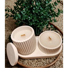 Bernami Mevlüt Pinterest Dekoratif Tabakta 2'li Set, Kokulu Ahşap Fitilli Kapaklı ve Kapaksız Mum