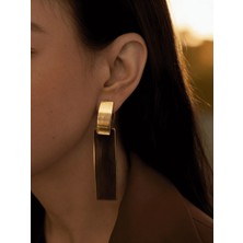 MonCherietr Noir Gold Siyah Detaylı Dikdörtgen Uzun Küpe