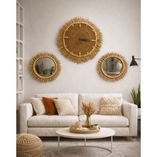 Mihriay Doğal Hasır Bohem Duvar Saati ve Boncuk Detaylı Ayna Takımı 3lü Dekor Seti