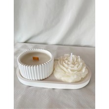 Bernami Kdekoratif Pinterest Şömine Sesli (Ahşap Fitilli) Kokulu Mum - Şakayık - Tabak Seti ( 3 Parça Set)