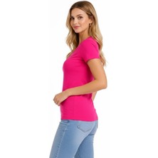 Giyim Center Kadın V Yaka Slim Fit Likralı Tişört - Pembe