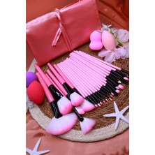 Özgürce 2'li Makyaj Fırça Seti ve 4'lü Sünger Seti, Pembe Deri Çantalı