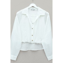 Crop Badyli  Kolyeli Arkası Uzun Gömlek -Ekru