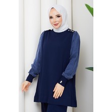 Pamuk Butik Kadın Kolu Ipek Kupra Pantolonlu Ikili Merserize Triko Takım -PMK536