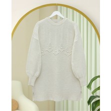 Moda Morfo Şerit Ve Ponpon Detaylı Yuvarlak Yaka Yumoş Triko Tunik -Ekru
