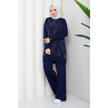 Pamuk Butik Kadın Ipek Kupra Bulut Desenli Pantolonlu Ikili Merserize Triko Takım -PMK535