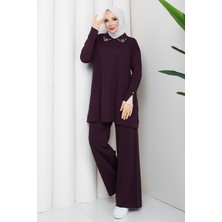 Pamuk Butik Kadın Tül Detaylı Pantolonlu Ikili Merserize Triko Takım -PMK534