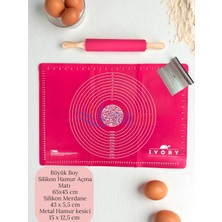 Feyza Design Büyük Boy Silikon Hamur Açma Matı ve Metal Hamur Kesme Aparatı, Bambu Saplı, Fuşya