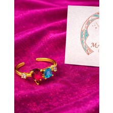 Matenon Design Gold Renkli Taşlı Ayarlanabilir Yüzük – Kırmızı & Mavi Taş Detaylı