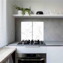 Feyza Design 2'li Siyah Beyaz Mermer Desenli Ocak Koruyucu ve Cam Kesme Tahtası Seti
