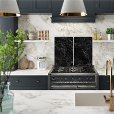 Feyza Design Iki Parça Siyah Mermer Cam Kesme Tahtası 30X52CM, Ocak Koruyucu Set