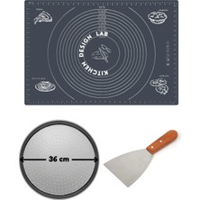 Feyza Design Gri Hamur Açma Matı 45X65 Cm, 36 cm Pizza Tepsisi ve Ahşap Uzun Saplı Kesici