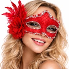 Azrlya Kırmızı Tüylü Venedik Lüks Balo Maskesi - Lisinya