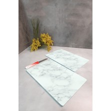 Feyza Design Şık Mermer Görünümlü 2'li Cam Kesme Tahtası Seti, 20X30 cm
