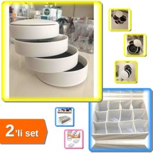 Özgürce 4 Katlı Dönebilen Silindir Takı Kutusu ve Çekmece Düzenleyici Seti (2'li)