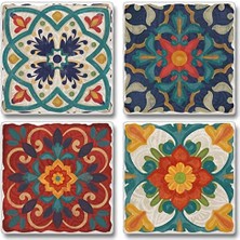 Karokstore Ispanyol Villası Çok Görüntü Emici Taş Eskitme Bardak Altlığı 4'lü Paket Koruyucu Mantar Destekli Abd'de Üretilmiştir