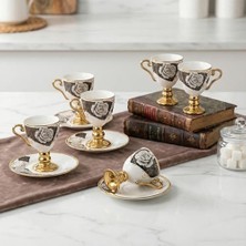 Karokstore 6 Kişilik Lüks Ayaklı Porselen Türk Kahvesi Fincan Takımı, Siyah Beyaz Gül Desenli ve Yaldız Detaylı, 12 Parça Kadeh Formlu Çeyizlik Sunum Seti