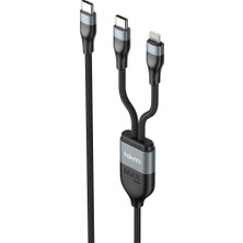 Karokstore Duo Power 100W Çift Uçlu, Type-C To Lightning + Type-C Şarj Kablosu, Örgü Tasarım, 1.2 Metre, Siyah