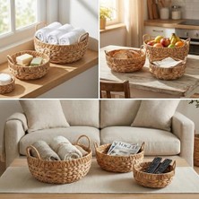 Karokstore 3'lü Yuvarlak Kulplu Derin Hasır Organizer Seti - Doğal Örgü Dekoratif Düzenleyici ve Saksılık - Banyo, Salon ve Çocuk Odası Için Çok Amaçlı Sepet Takımı