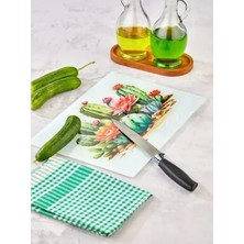 Kaktüs Desenli Temperli Cam Kesme Tahtası, Mutfak Için, Hijyenik ve Dayanıklı