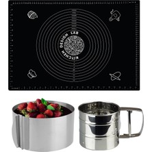 Feyza Design Siyah 45X65 cm Silikon Hamur Açma Matı, Çelik Un Eleği ve Ayarlanabilir Pasta Kalıbı