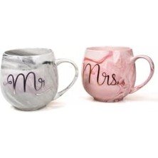 Karokstore Lüks Mermer Desenli Mr & Mrs 2'li Porselen Kupa Seti – 400 Ml, Hediyelik Kutulu,pembe & Gri