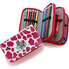 Karokstore Kalem Kutusu Inek Desenli Kawai Organizer Kalemkutu Vegan Deri Üç Bölmeli Kalemlik - Pembe