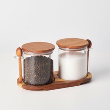 Karokstore Akasya Standlı Kapaklı Kaşıklı 2'li Cam Baharat ve Tuzluk Seti | Hava Geçirmez Doğal Ahşap Kapaklı Baharatlık | Modern Masaüstü Tuzluk Biberlik Seti | Kahve, Şeker, Bitki Kavanozu
