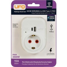 Karokstore Ufo Yeni Tekli Akım Korumalı 5V 2,4A USB ve Type-C ile Hızlı Şarj, Topraklı Priz, Sürekli Koruma, 16A 250V, Max 3500W Aşırı Yük Koruması (Beyaz)