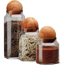 Karokstore 3’lü Ahşap Kapaklı Cam Saklama Kavanoz Seti – Modern Küre Kapak Tasarımıyla Kuruyemiş, Kahve, Şeker ve Baharat Depolama