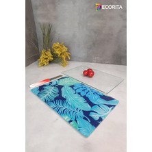 Feyza Design Mavi Tropik Yapraklar Cam Kesme Tahtası 2'li Takım 20X30CM