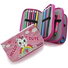 Karokstore Kalem Kutusu Kedi Desenli Organizer Kalemkutu Vegan Deri Üç Bölmeli Kalemlik