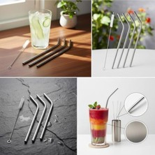 Feyza Design Paslanmaz Çelik 5 Parça Pipet Seti, Tekrar Kullanılabilir ve Temizleme Fırçası