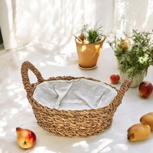 Karokstore El Yapımı Doğal Hasır Kulplu Çok Amaçlı Dekoratif Yuvarlak Sepet, Hasır Kulplu Ekmek Sepeti (27X8CM)