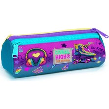 Karokstore Pembe Turkuaz Kulaklık Paten Üç Bölmeli Kalem Çantası - Kız Çocuk