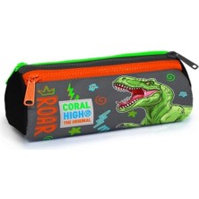 Karokstore Gri Yeşil T-Rex Üç Bölmeli Kalem Çantası -Erkek Çocuk