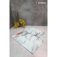 Feyza Design Beyaz Mermer Görünümlü Cam Kesme Tahtası Çift Takım 20X30 cm