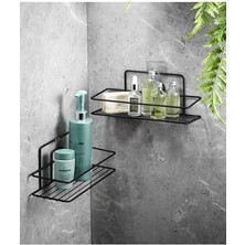 Karokstore 2'li Siyah Yapışkanlı Banyo Rafı, 2 Telli Duş Şampuanlık, Paslanmaz Metal Duş Rafı (Vidala/yapıştır) - Tş-01