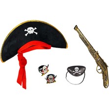 Korsan Şapkası + Tabanca + Maske + 2 Adet Yüzük Kostüm Seti Çocuk