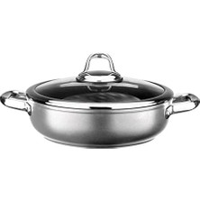 Karokstore Titanium 24CM Sığ Tencere, Çelik Kulp, Özel Çerçeveli Cam Kapak Metalik Gri