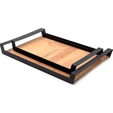 Karokstore Küçük Ham Renk Servis ve Sunum Tepsisi, Metal Kulplu Ahşap Tepsi - 42X22,5 cm
