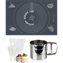 Feyza Design Gri 45X65 cm Silikon Hamur Açma Matı, Çelik Un Eleği ve Krema Sıkma Torbası Seti